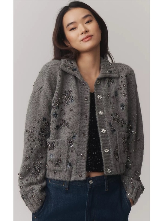 Anthropologie Sweaters - NWT Anthropologie Pilcro Embellished Floral Collared Cardigan Sweater Grey